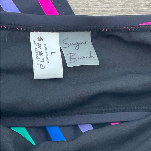 NWT Sugar Beach 2 Piece Bathing Suit Size L Black Multicolor Stripe Bandeau Top - Picture 6 of 16